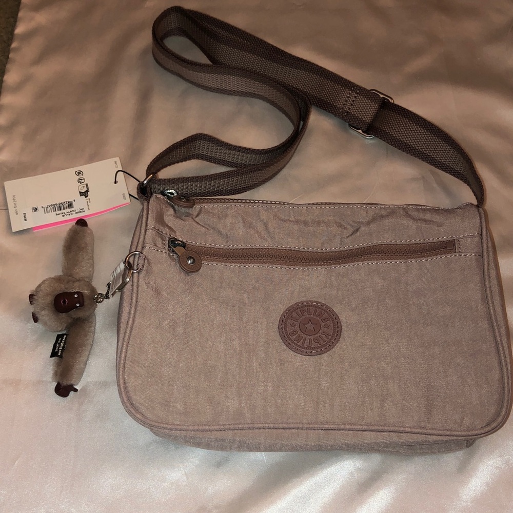 Kipling Callie Nylon Dusty Taupe Crossbody Bag + Faux Fur Monkey Key Chain NWT
